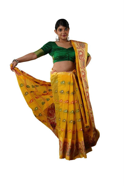 Traditional yellow colour combination Pure Cotton Bengali Handloom Tant Saree Without Blouse Piece 𝐒𝐢𝐳𝐞: Length: 5.5 Meters Width: 1.2 Meters Showcasing the Rich Cultural Heritage of Bengal