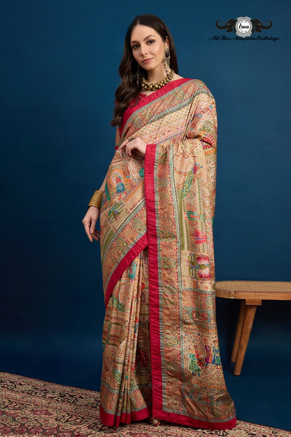 Traditional Madhubani Printed Art Silk Saree