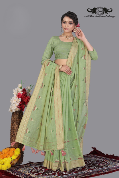 Elegant Handloom Cotton Saree with Geometric Embroidery