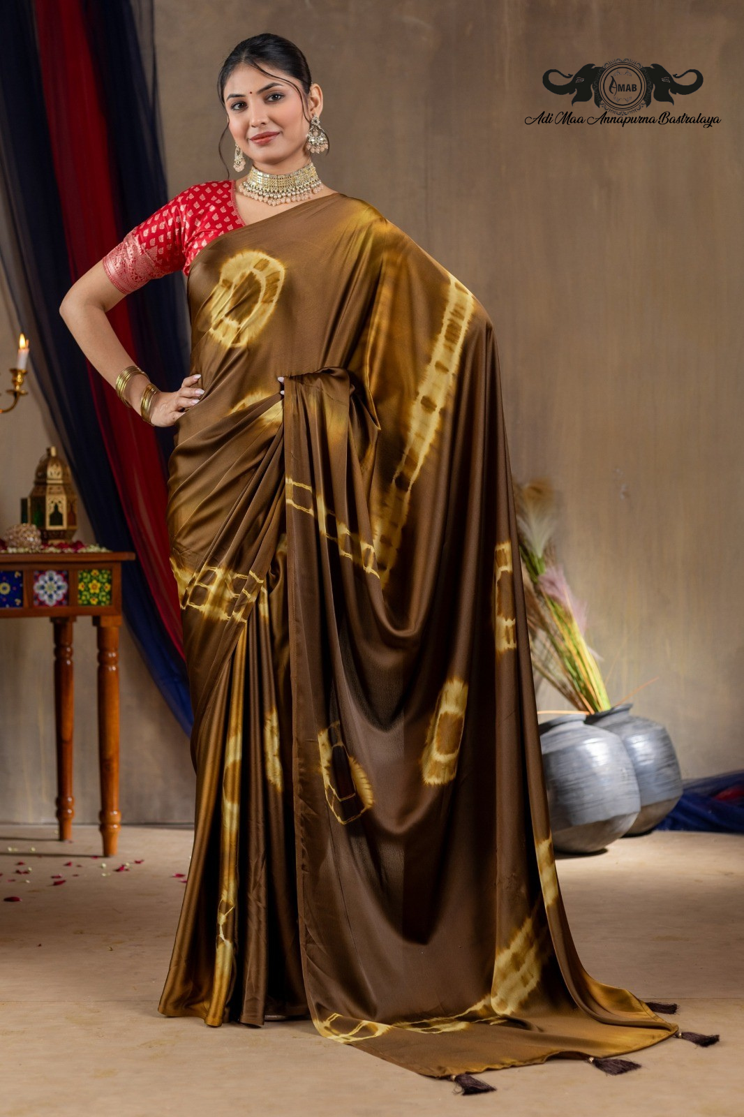 Luxurious Satin Silk Tie-Dye Shibori Draping Saree