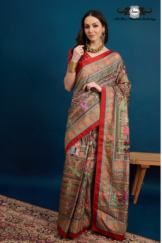 Traditional Madhubani Printed Art Silk Saree