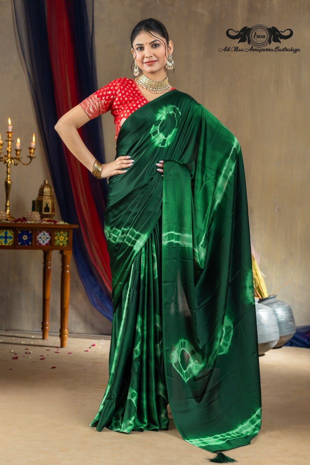 Luxurious Satin Silk Tie-Dye Shibori Draping Saree