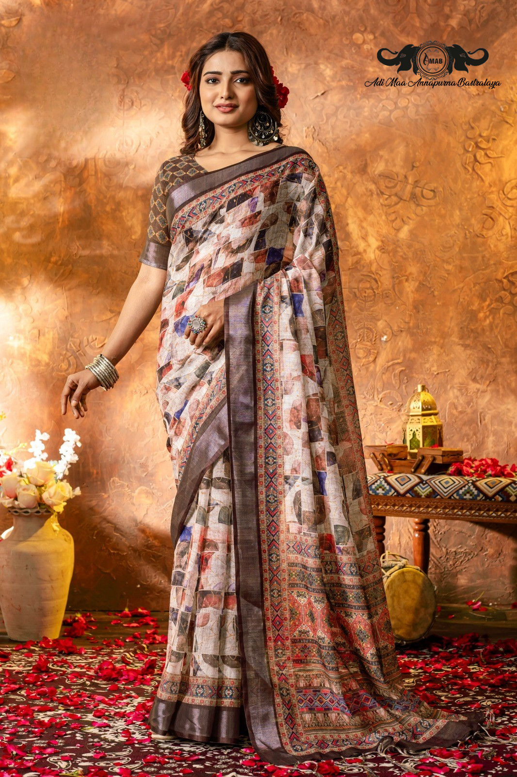 Artistic Digital Print Linen Saree with Woven Border