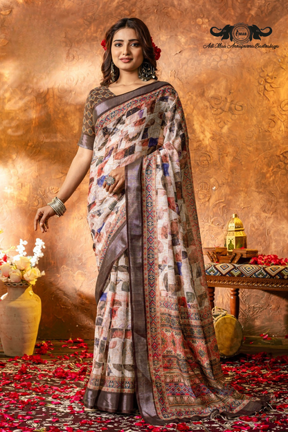Artistic Digital Print Linen Saree with Woven Border