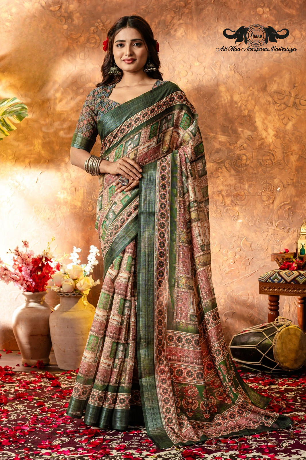Artistic Digital Print Linen Saree with Woven Border