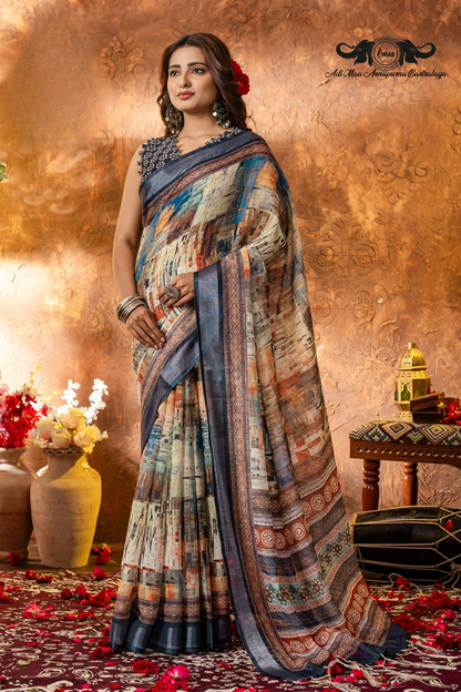 Artistic Digital Print Linen Saree with Woven Border