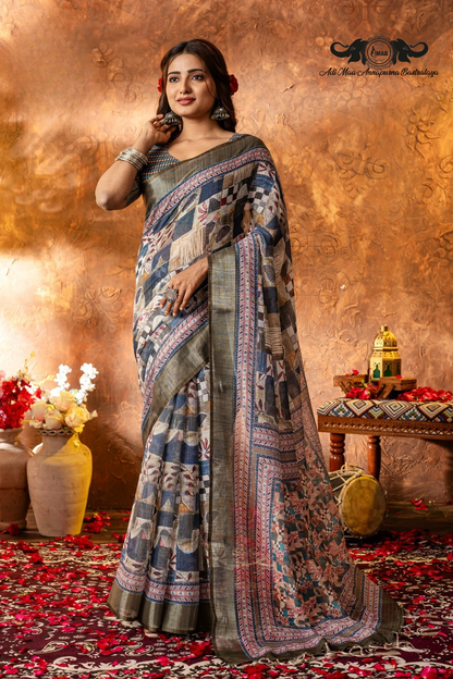Artistic Digital Print Linen Saree with Woven Border