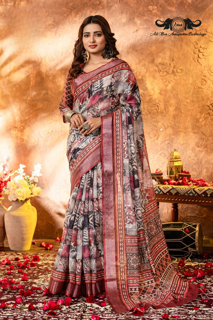 Artistic Digital Print Linen Saree with Woven Border