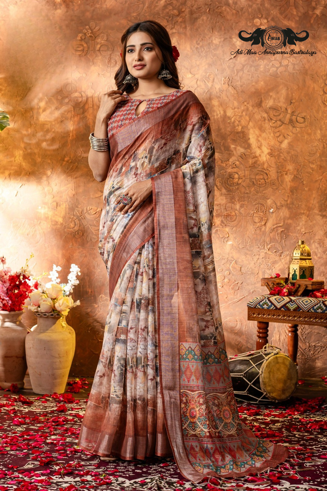 Artistic Digital Print Linen Saree with Woven Border