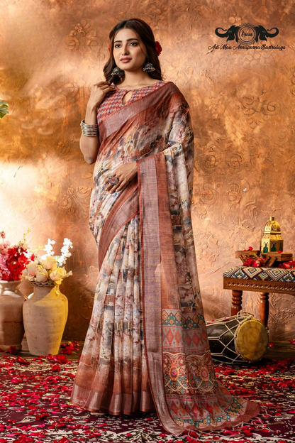 Artistic Digital Print Linen Saree with Woven Border
