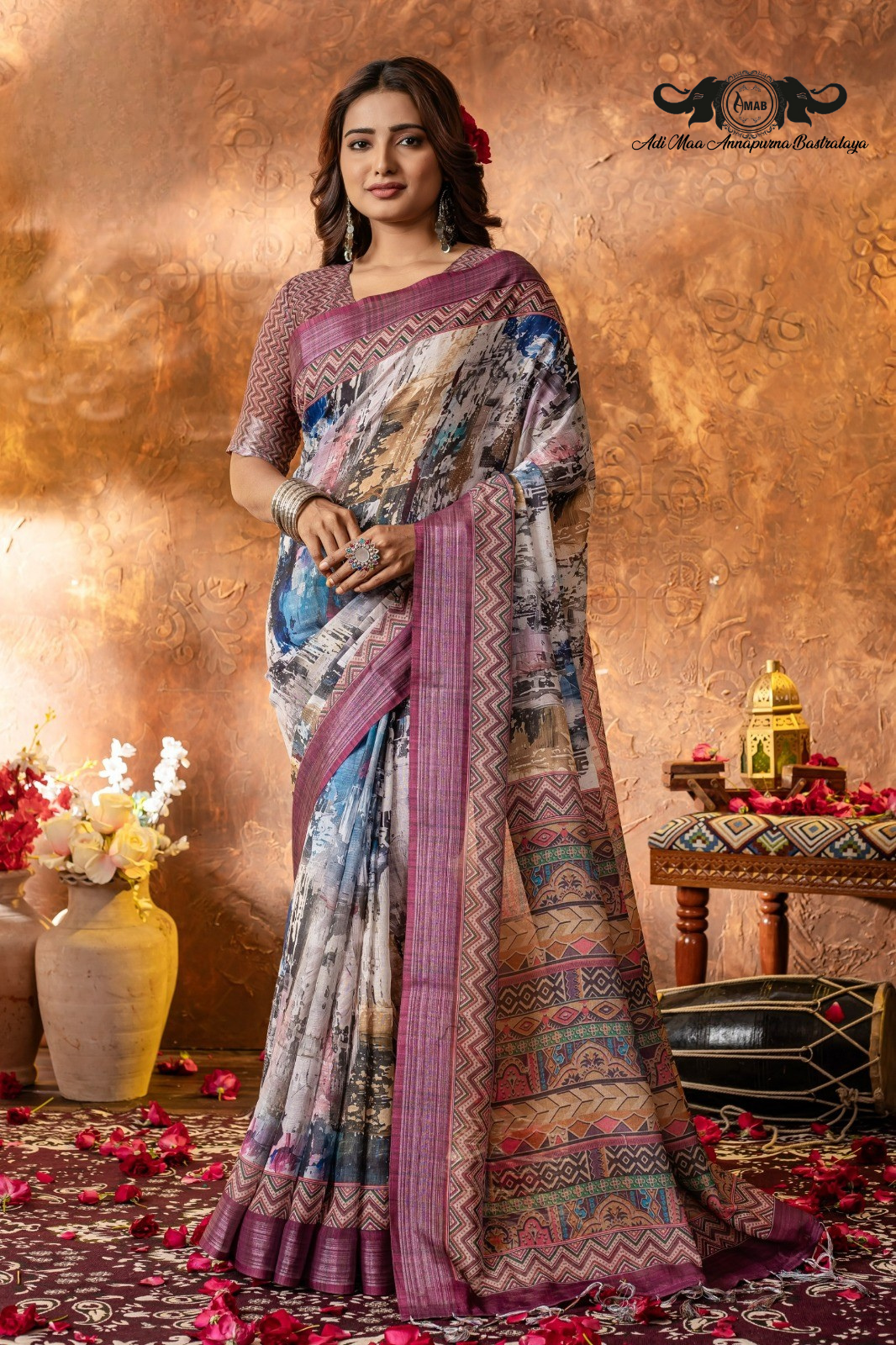 Artistic Digital Print Linen Saree with Woven Border