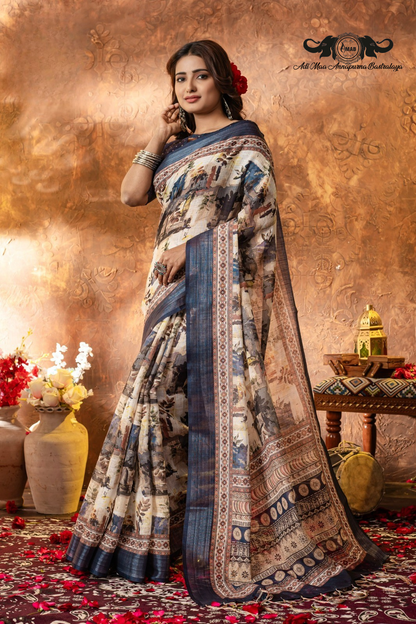 Artistic Digital Print Linen Saree with Woven Border