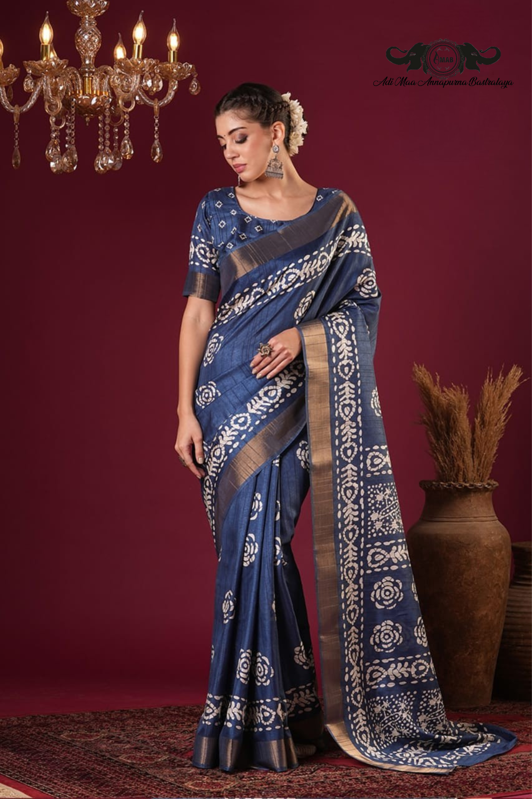 Artisanal Batik Print Tussar Silk Saree with Zari Border