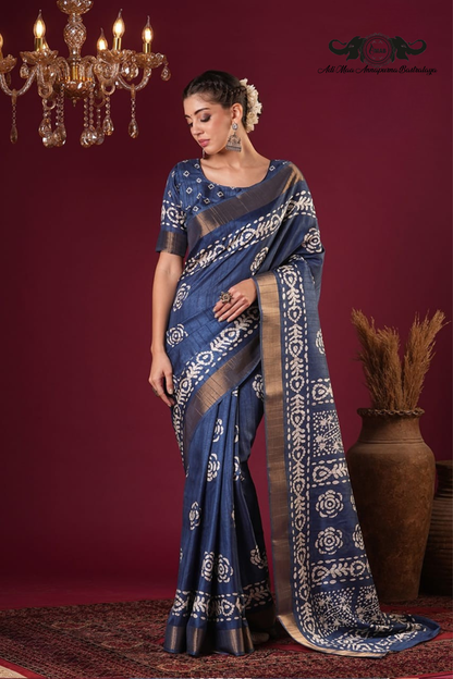 Artisanal Batik Print Tussar Silk Saree with Zari Border