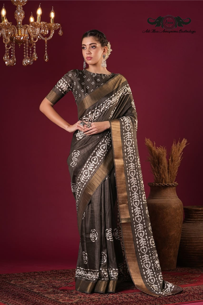 Artisanal Batik Print Tussar Silk Saree with Zari Border