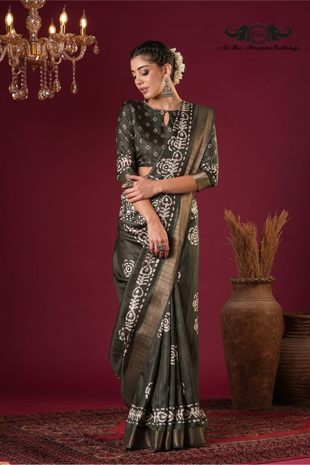 Artisanal Batik Print Tussar Silk Saree with Zari Border