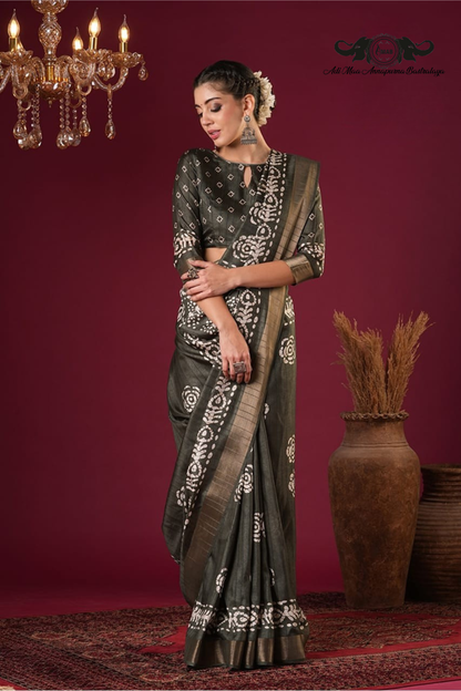 Artisanal Batik Print Tussar Silk Saree with Zari Border