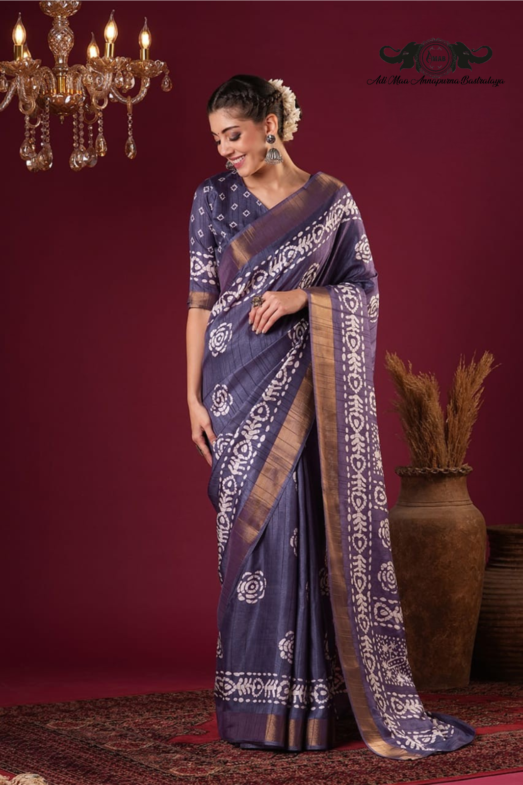 Artisanal Batik Print Tussar Silk Saree with Zari Border