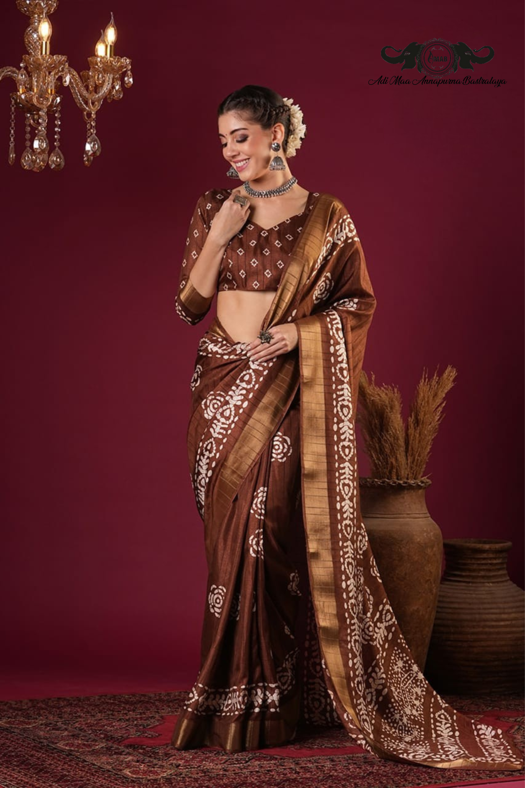 Artisanal Batik Print Tussar Silk Saree with Zari Border
