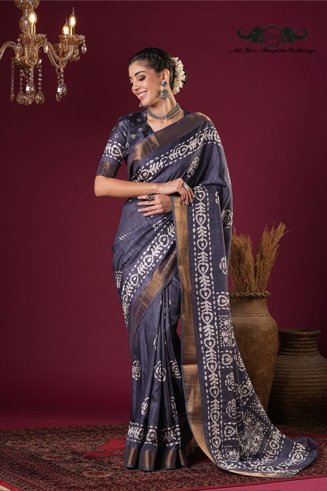 Artisanal Batik Print Tussar Silk Saree with Zari Border