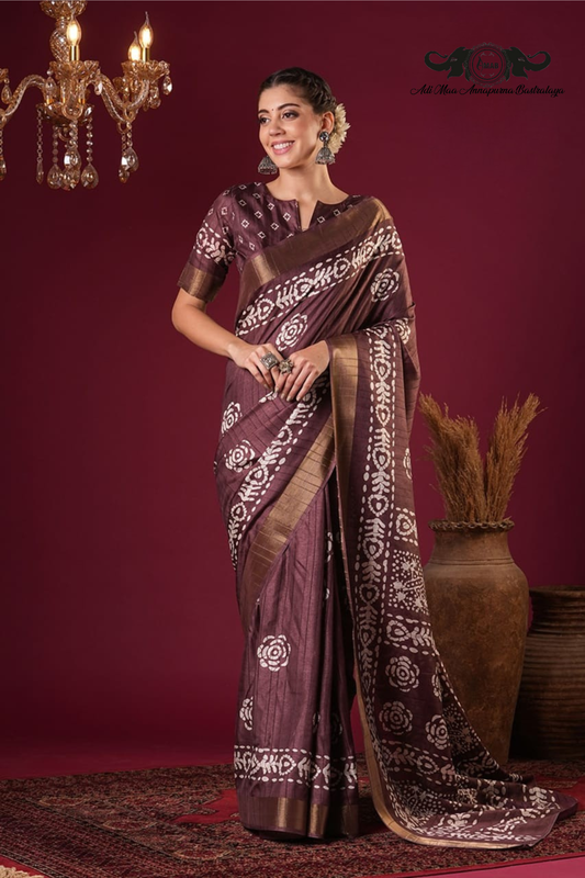 Artisanal Batik Print Tussar Silk Saree with Zari Border