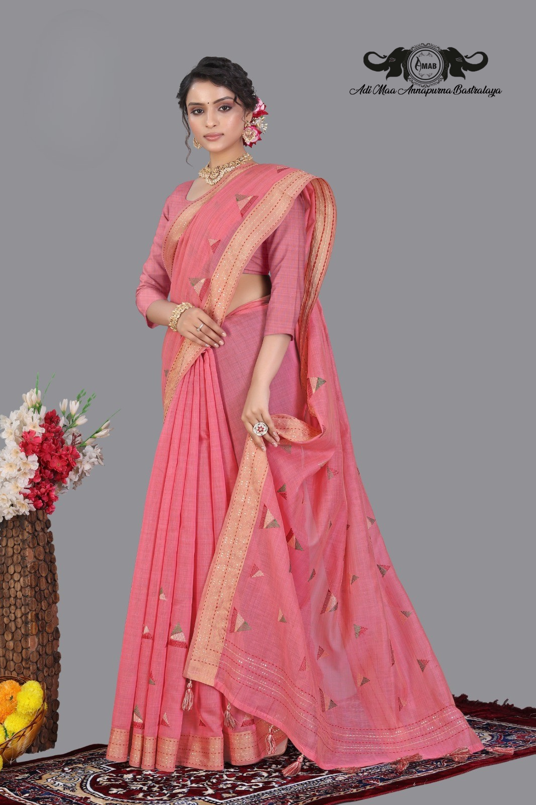 Elegant Handloom Cotton Saree with Geometric Embroidery