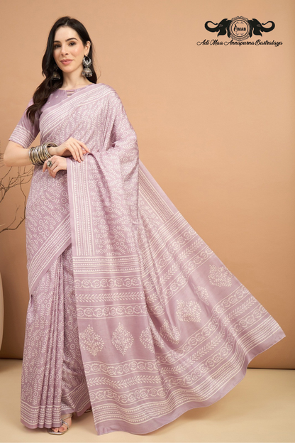 Subtle Block Print Silk Blend Saree in Pastel Tones
