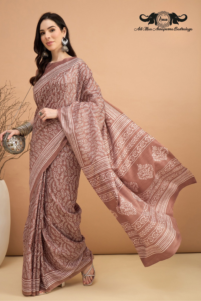 Subtle Block Print Silk Blend Saree in Pastel Tones