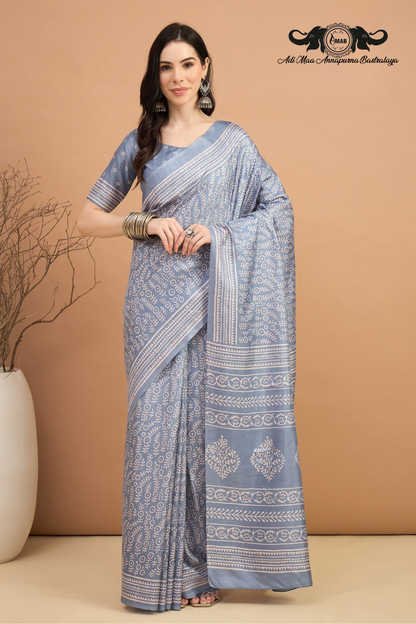Subtle Block Print Silk Blend Saree in Pastel Tones