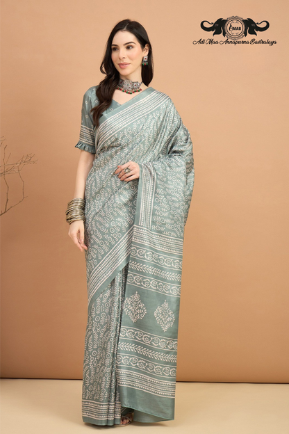 Subtle Block Print Silk Blend Saree in Pastel Tones