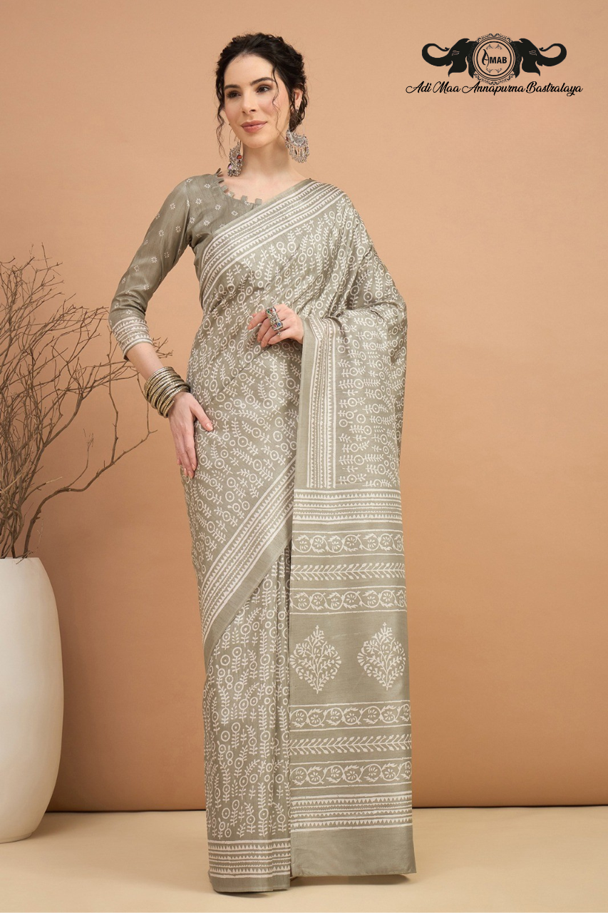 Subtle Block Print Silk Blend Saree in Pastel Tones