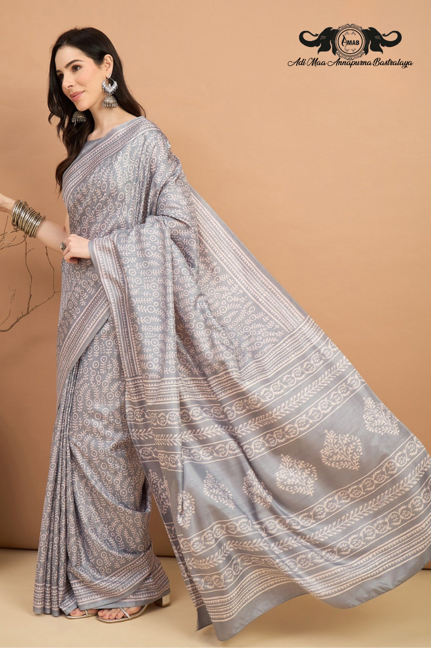 Subtle Block Print Silk Blend Saree in Pastel Tones