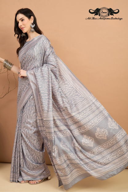 Subtle Block Print Silk Blend Saree in Pastel Tones