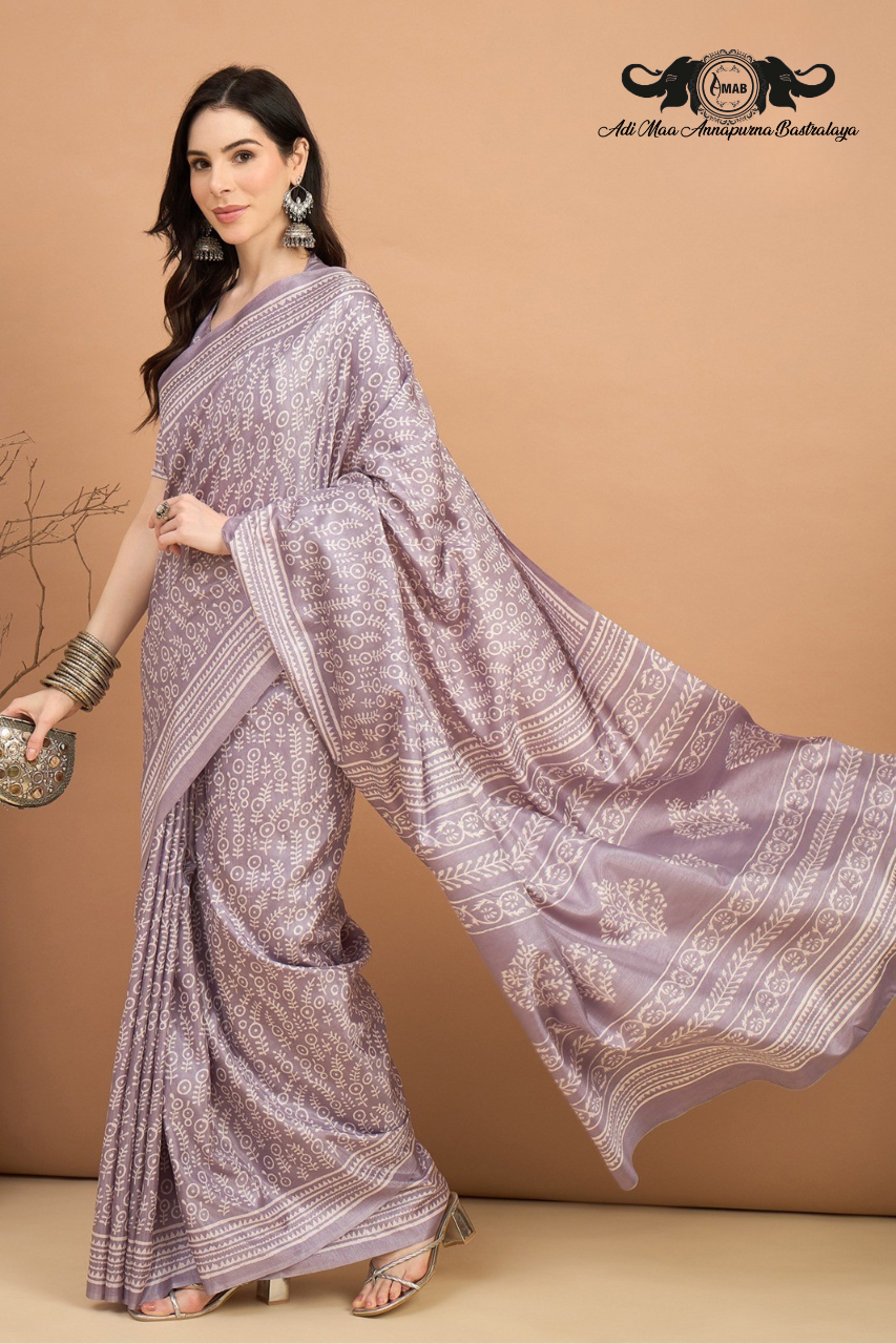 Subtle Block Print Silk Blend Saree in Pastel Tones