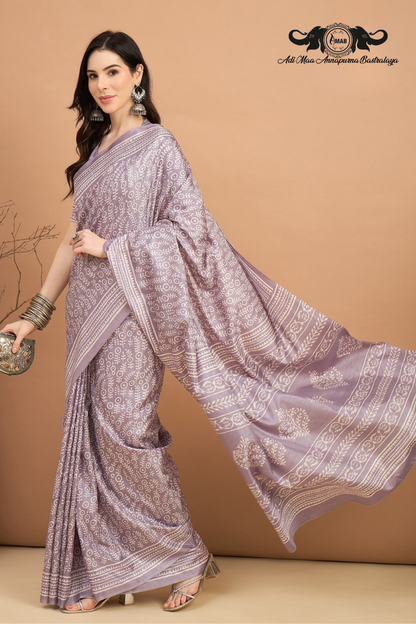 Subtle Block Print Silk Blend Saree in Pastel Tones