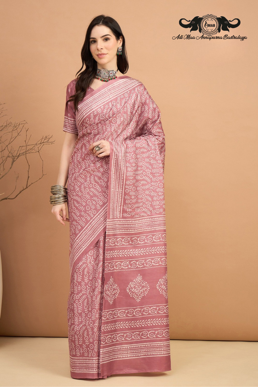 Subtle Block Print Silk Blend Saree in Pastel Tones