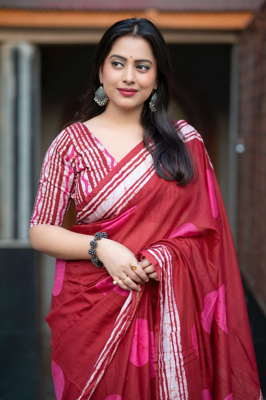 Premium Hand Block Printed Chanderi Cotton Saree – Batik & Ajrakh Design