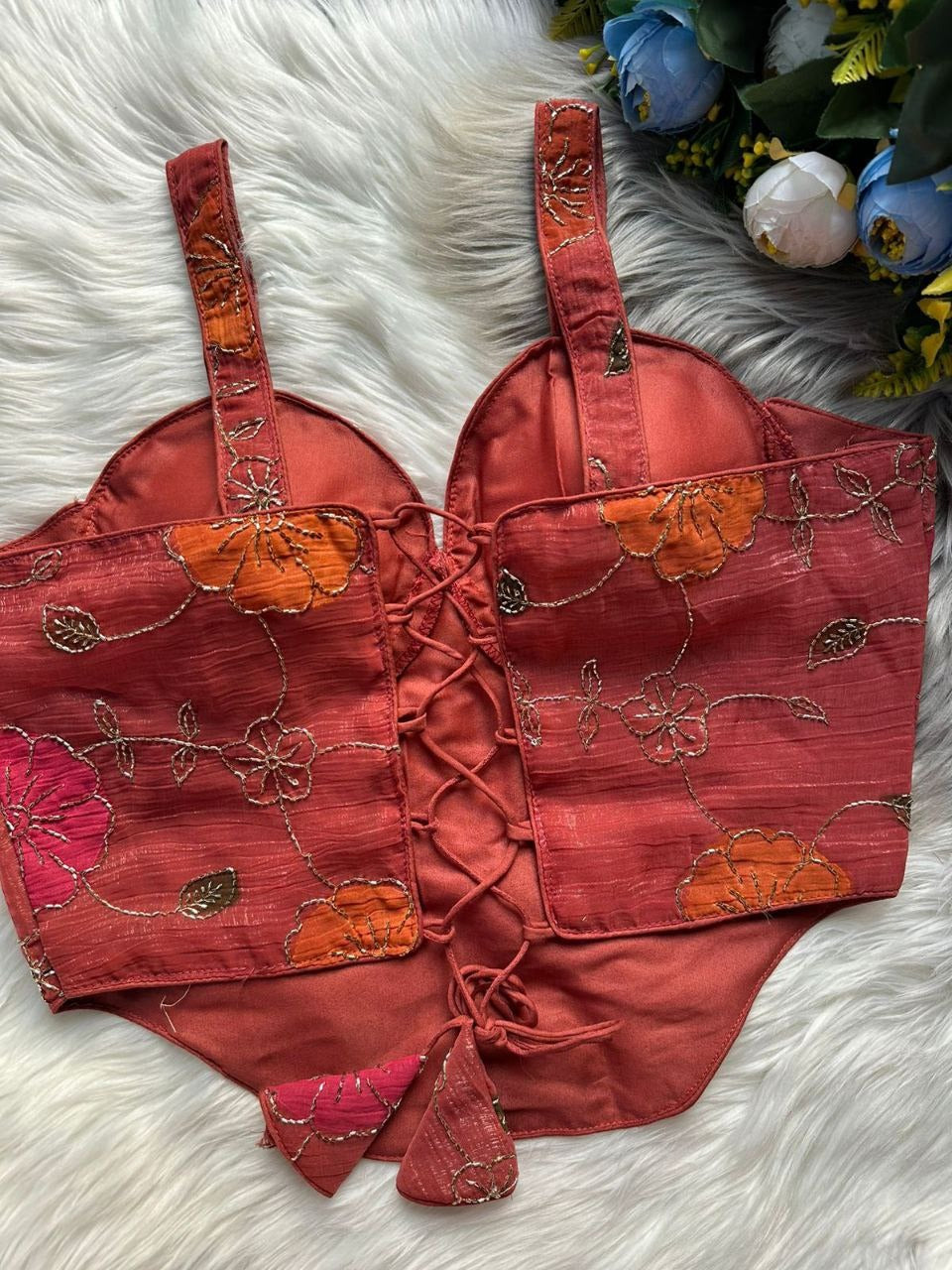 Corset Style Spaghetti Blouse | Heavy Silk Partywear with Bead Work