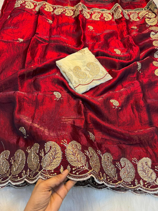 Soft Space Silk Designer Saree | Sequins, Zari & Bits Work with Embroidered Blouse | Ready Stock