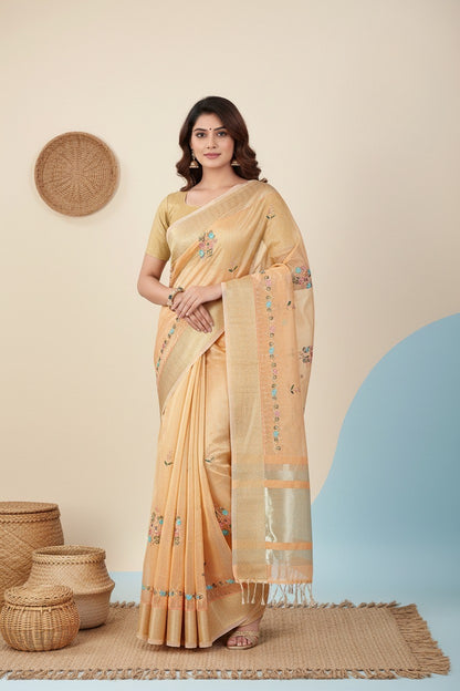 Elegant Soft Silk Embroidered Saree with Zari Border