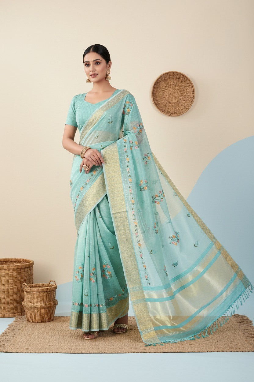 Elegant Soft Silk Embroidered Saree with Zari Border