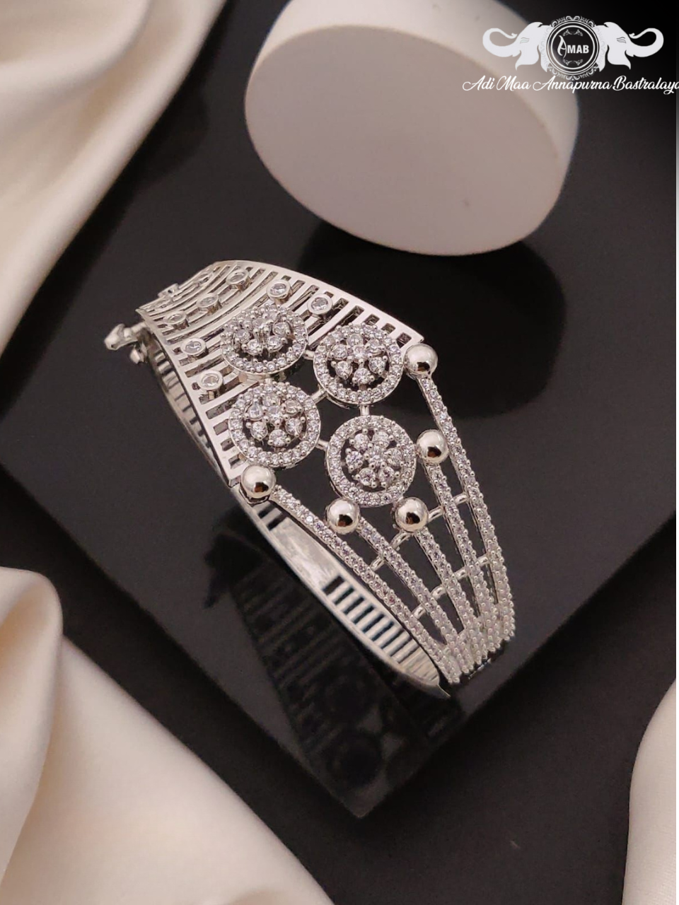 Wholesale Silver Plated AD Stone Wide Cuff Bangle