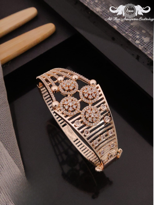 Wholesale Rose Gold AD Stone Wide Floral Cuff Bangle