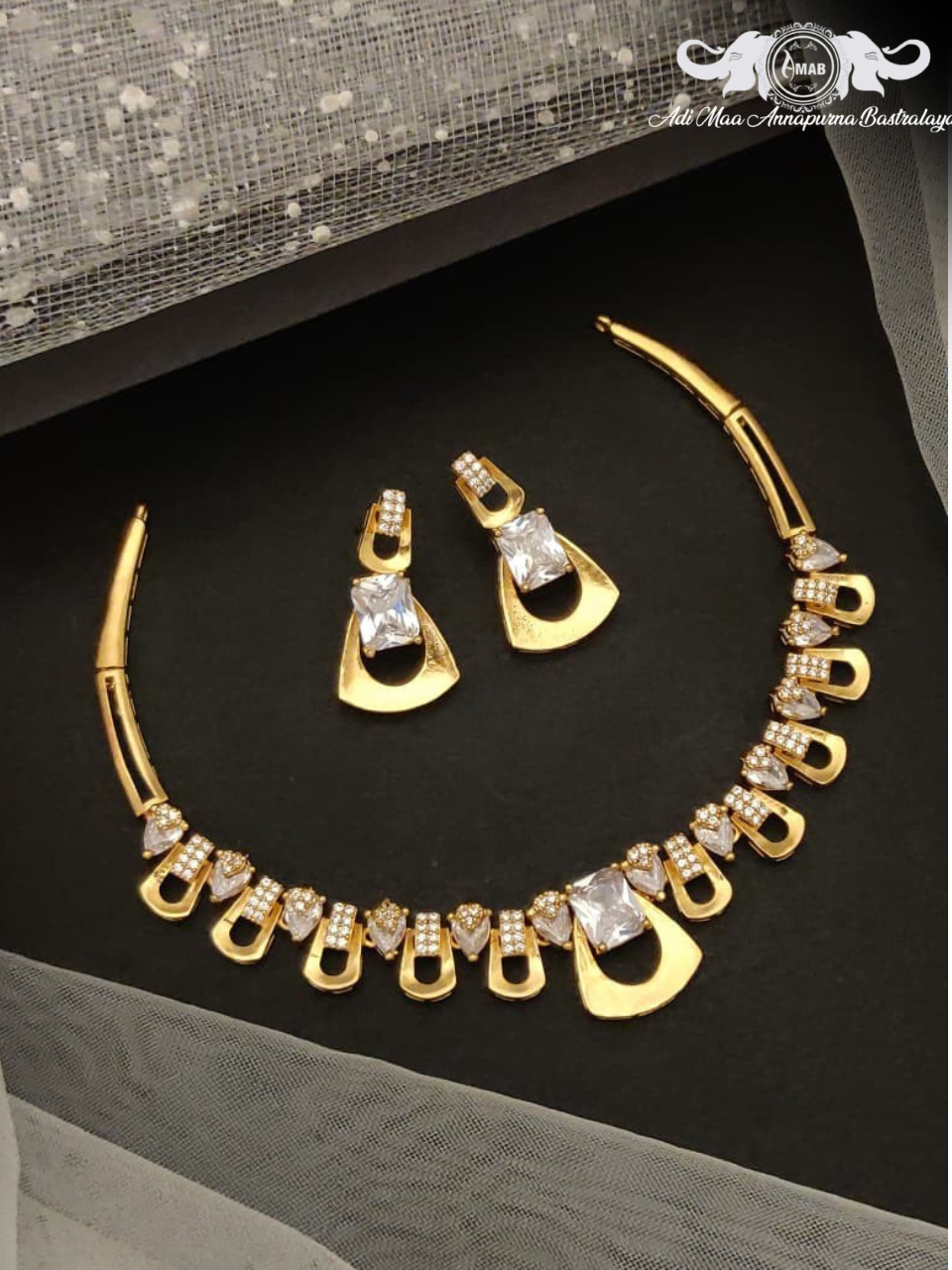 Wholesale Gold Plated AD Choker Set with Solitaire Drops