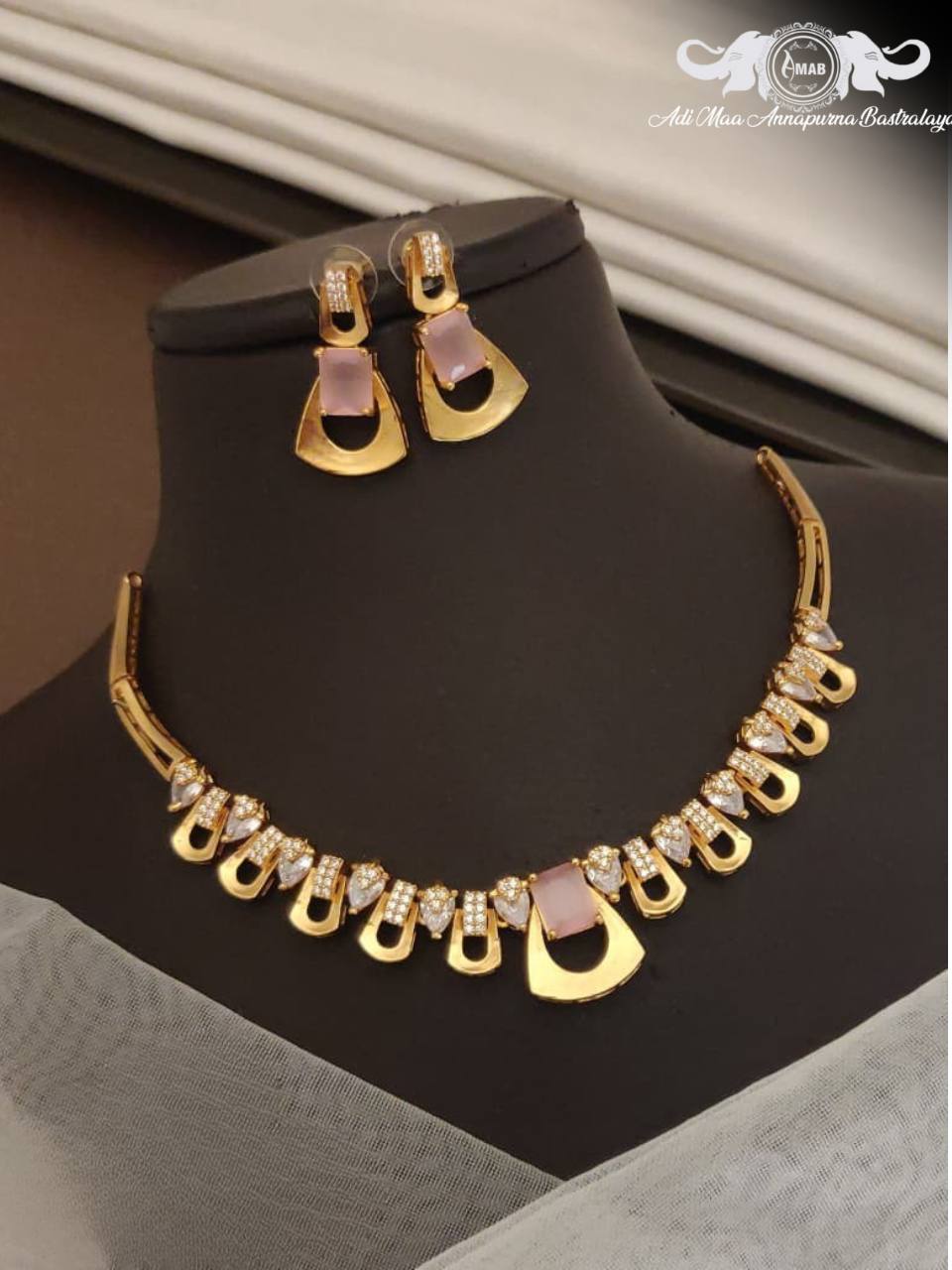 Wholesale AD Golden Choker Set with Pink Stone Accent