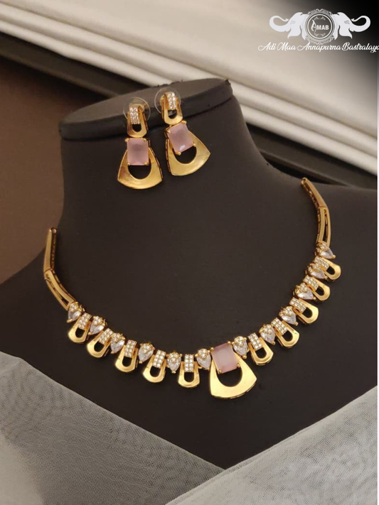 Wholesale AD Golden Choker Set with Pink Stone Accent