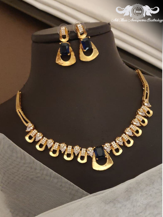 Wholesale Gold Plated AD Choker Set with Navy Blue Stone