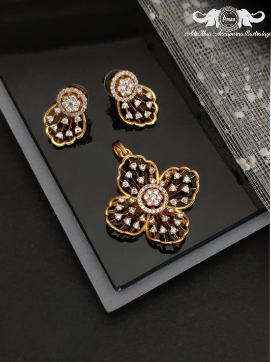 Wholesale Gold Plated AD Flower Pendant Set - Black Enamel