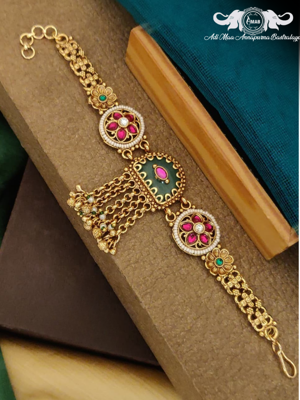 Wholesale Antique Gold Rajwadi Bracelet with Green Enamel