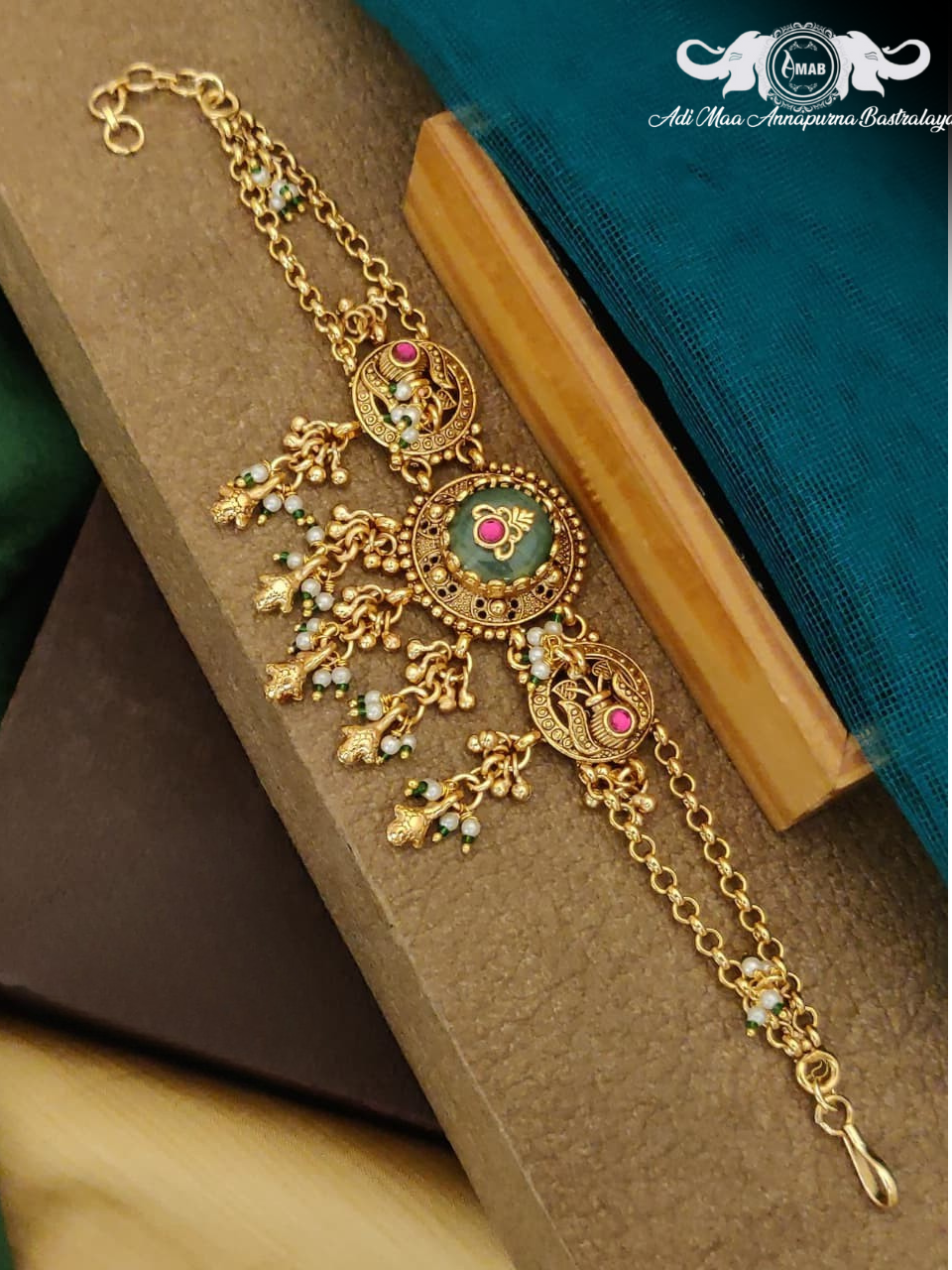 Wholesale Antique Gold Multi-Chain Bracelet with Green Stone